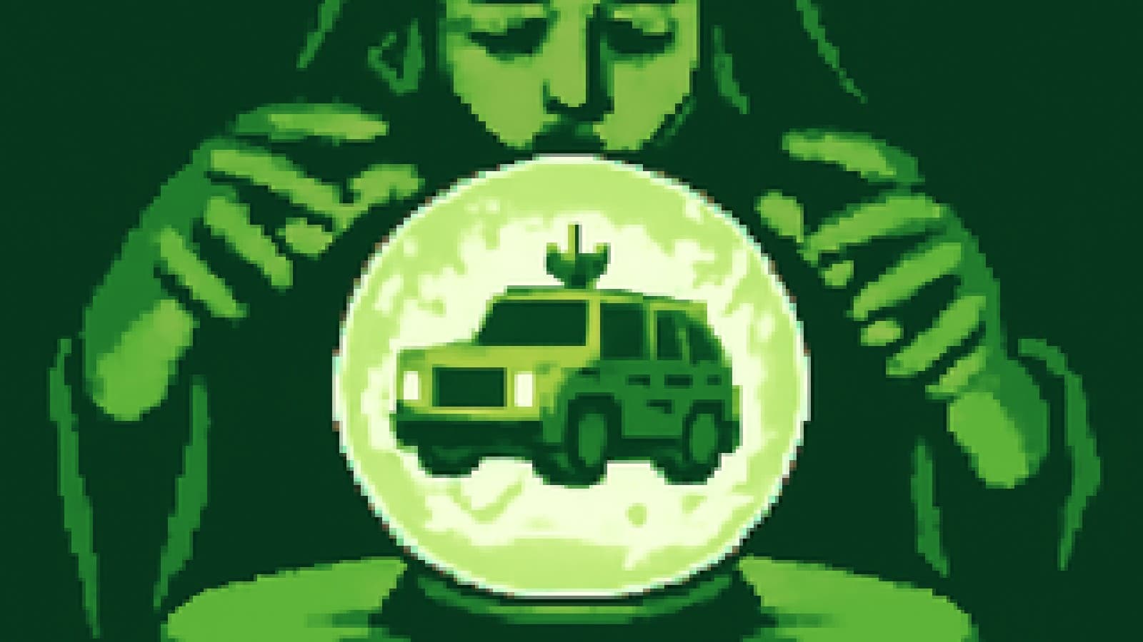 Crystal ball showing a crowned boxy armored SUV with sparks bouncing off it.