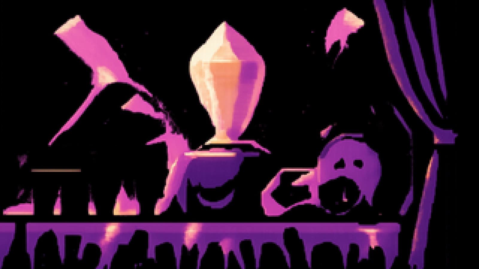 Pixel-art stage with a glowing crystal trophy, a piano, a controller and cheering fans, while a clock-shaped figure peeks out from behind the curtain.