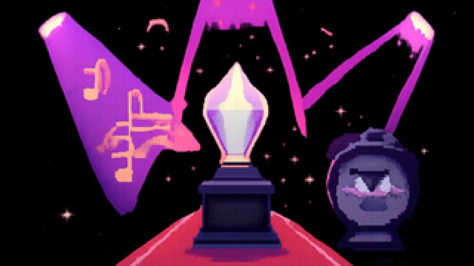 Pixel-art concert stage with a crowned crystal trophy surrounded by musical notes as a clock-shaped rival watches in the flash of cameras.