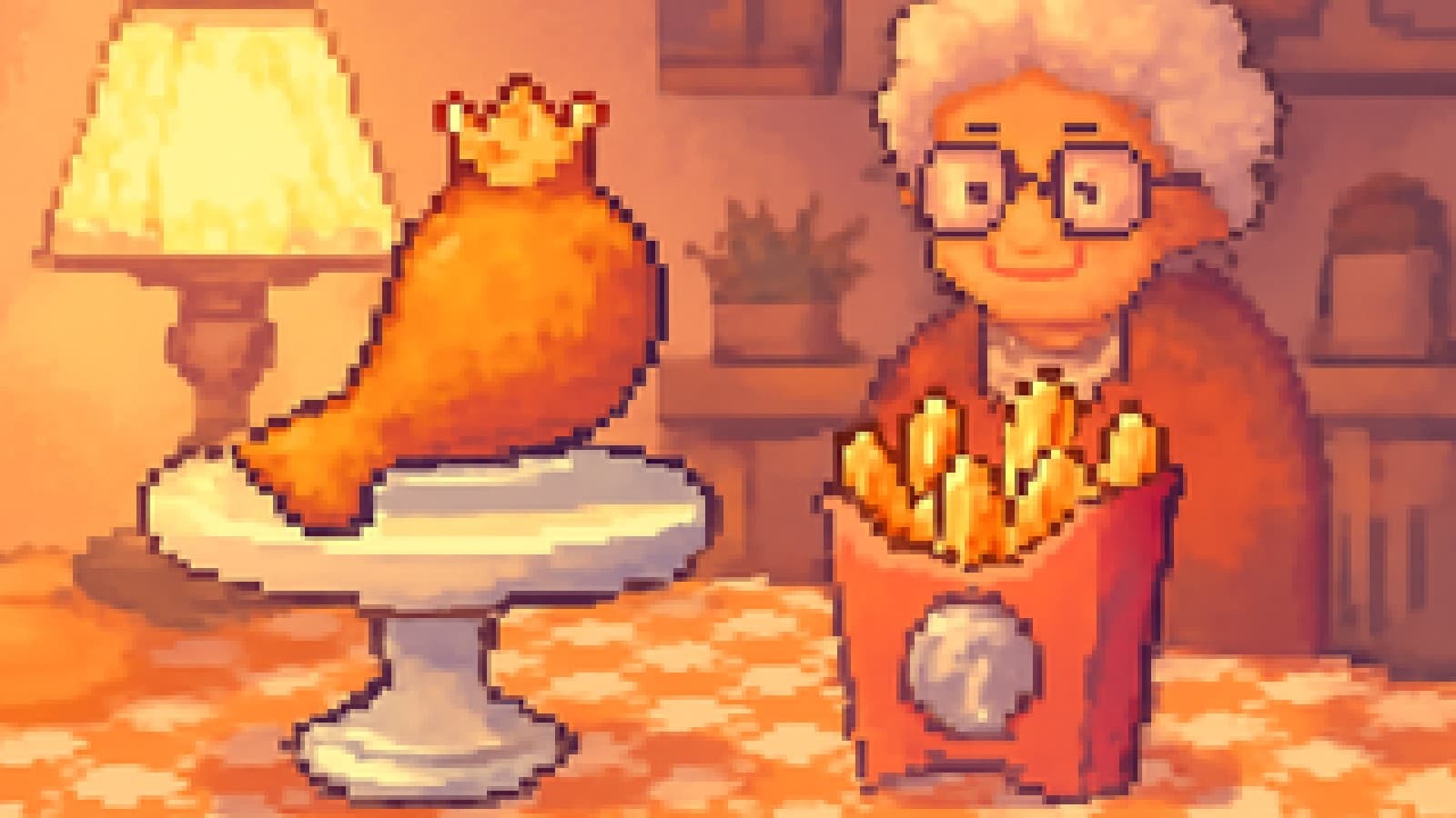 Pixel art of a crowned fried chicken drumstick on a cake stand next to a sulking carton of fries with a silver medal
