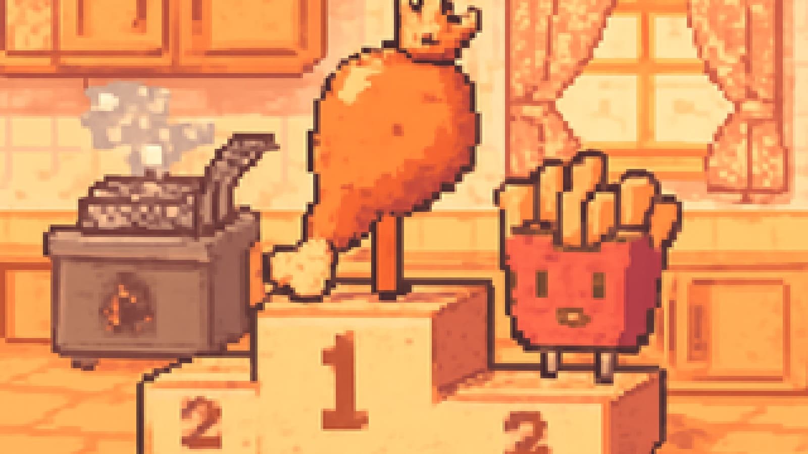Pixel art of a crowned fried chicken drumstick on a podium above a box of fries in a cosy grandmother's kitchen