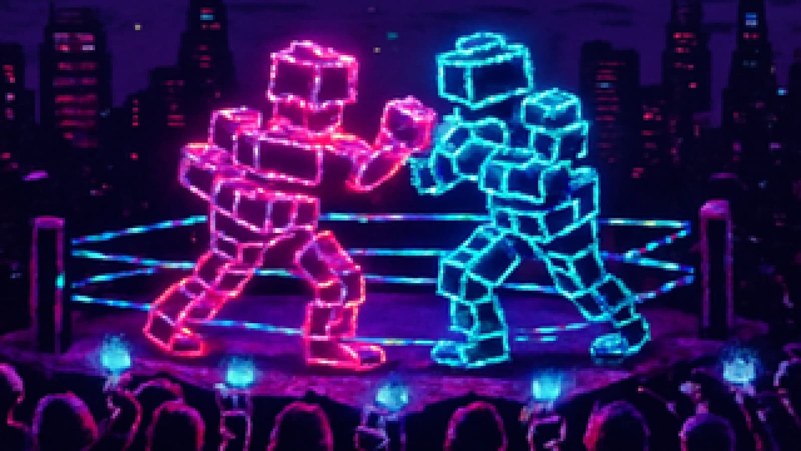 Pixel-art arena where toy blockchains fight while hooded spectators wave fading tokens