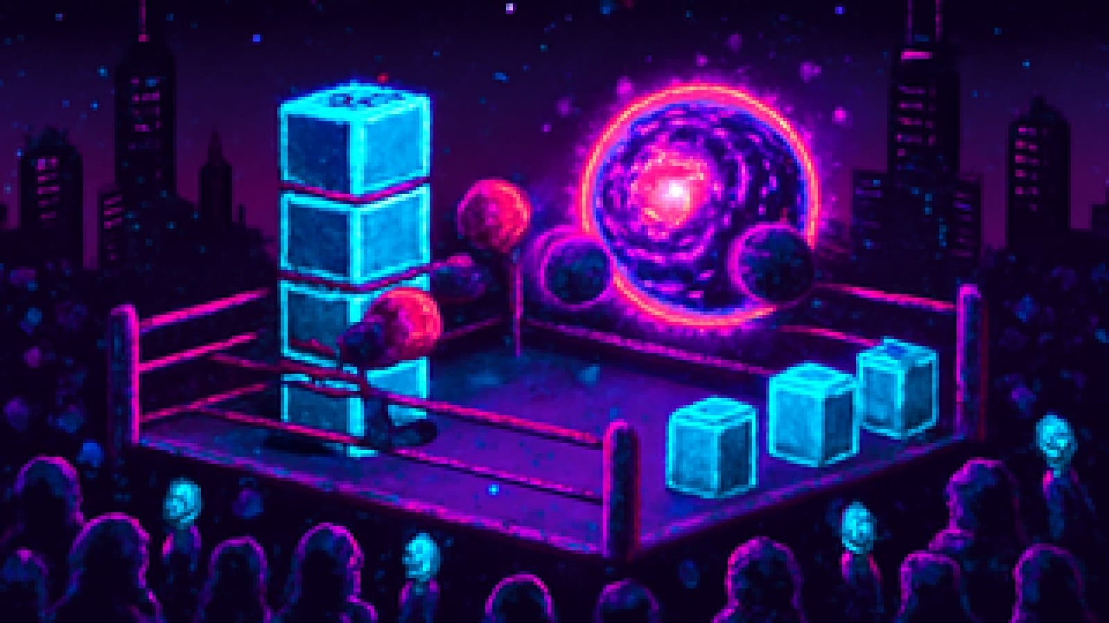 Pixel-art ring where toy blockchains face off as a hooded crowd cheers