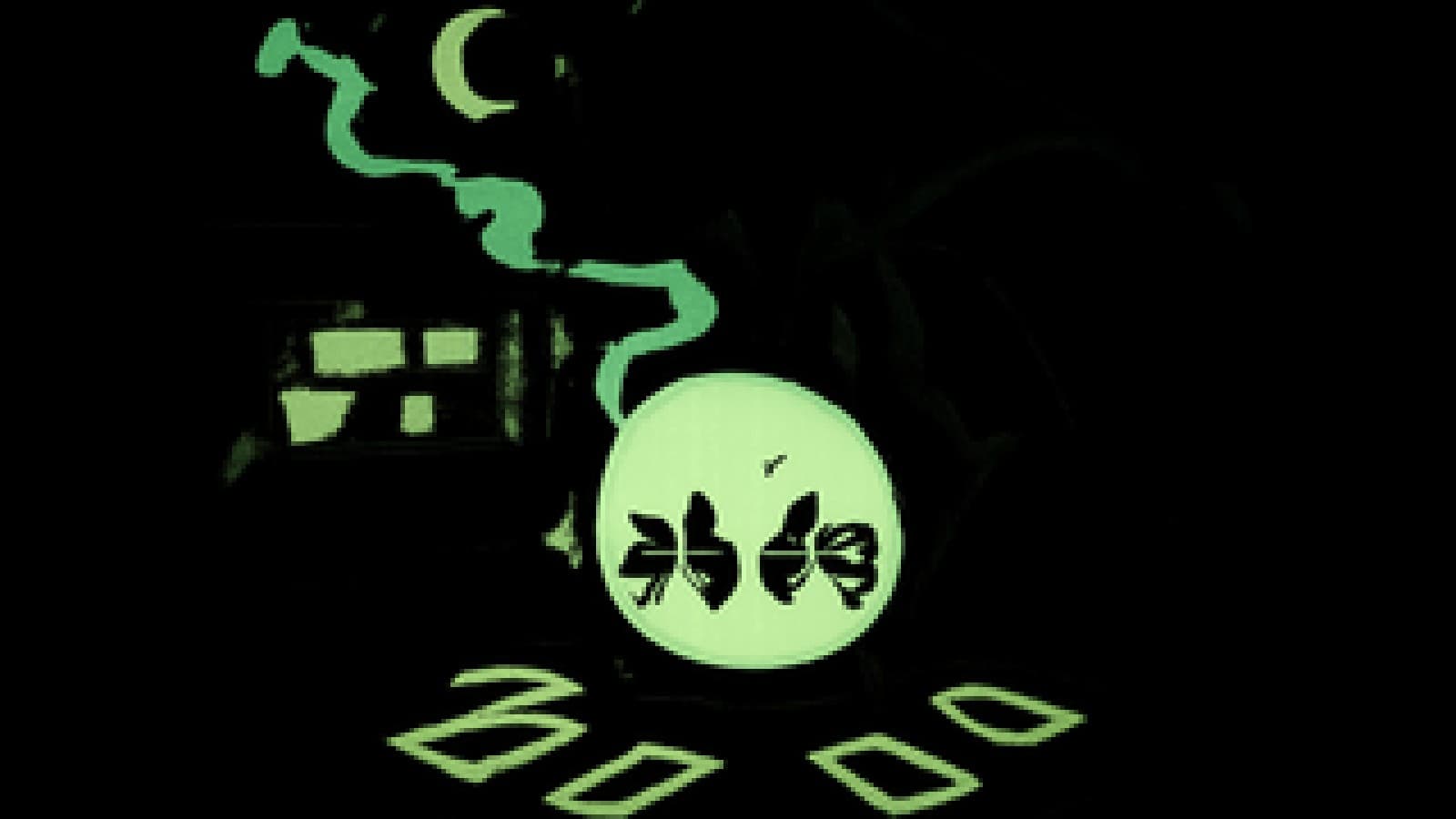 Pixel-art fortune teller's crystal ball showing two small scooters facing each other in a cloud of exhaust smoke.