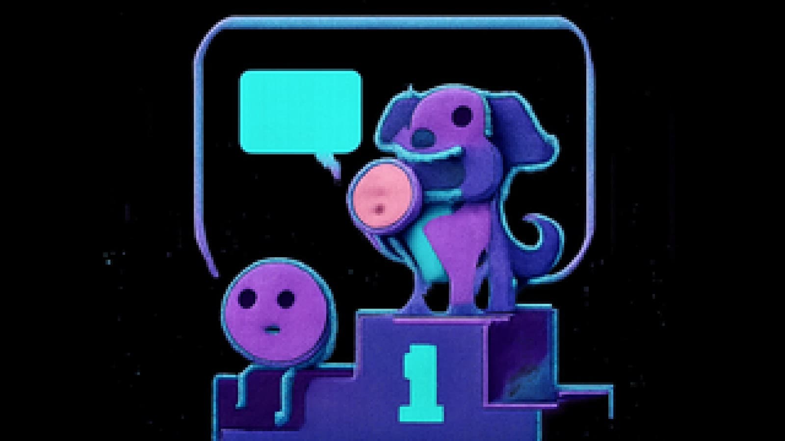 Pixel-art dog on a winner's podium with a coin in its mouth, a sulking coin character on the lower step