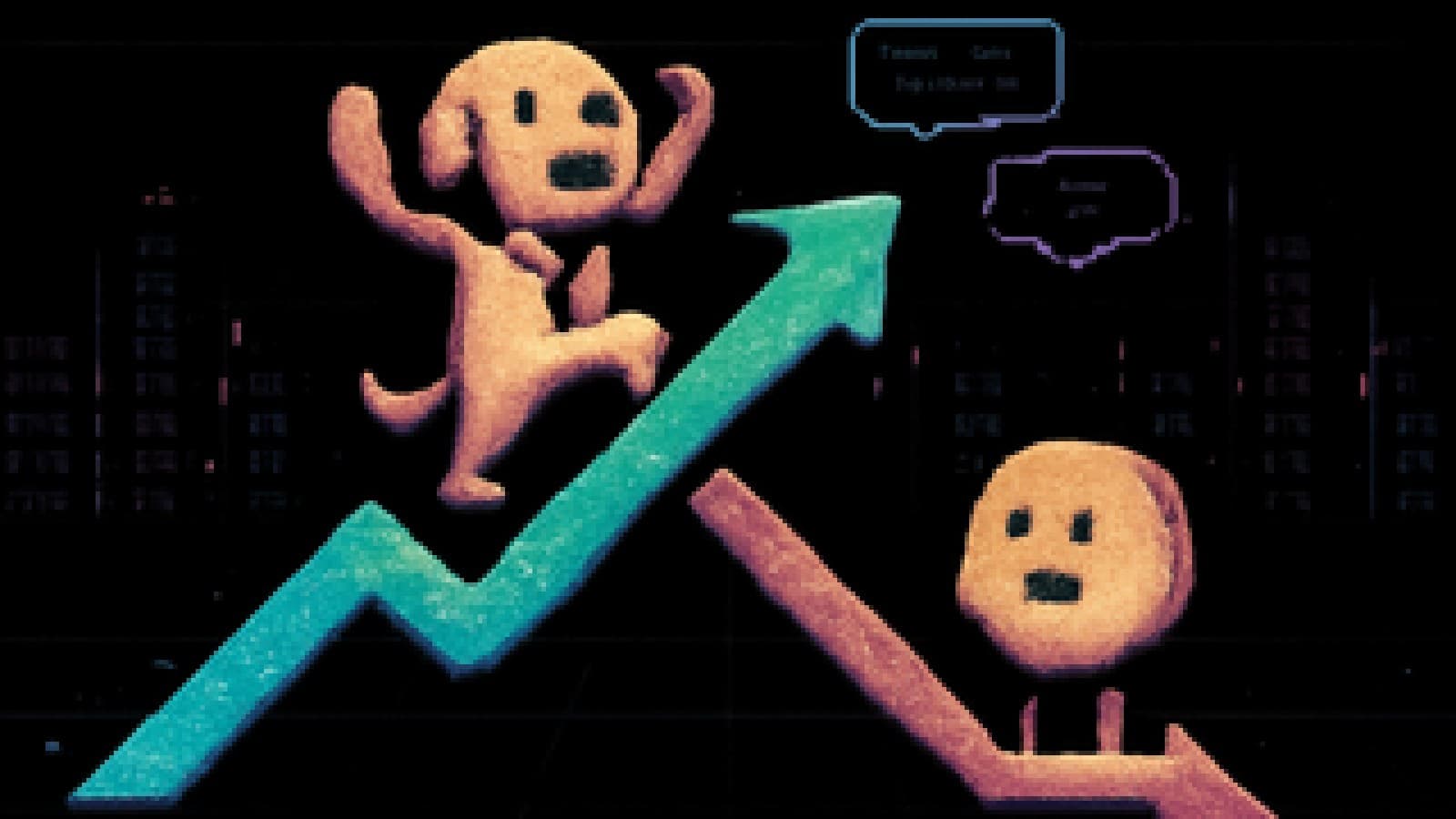 Pixel-art cartoon dog in a tie riding a rising green arrow as a coin character watches from beside a red arrow