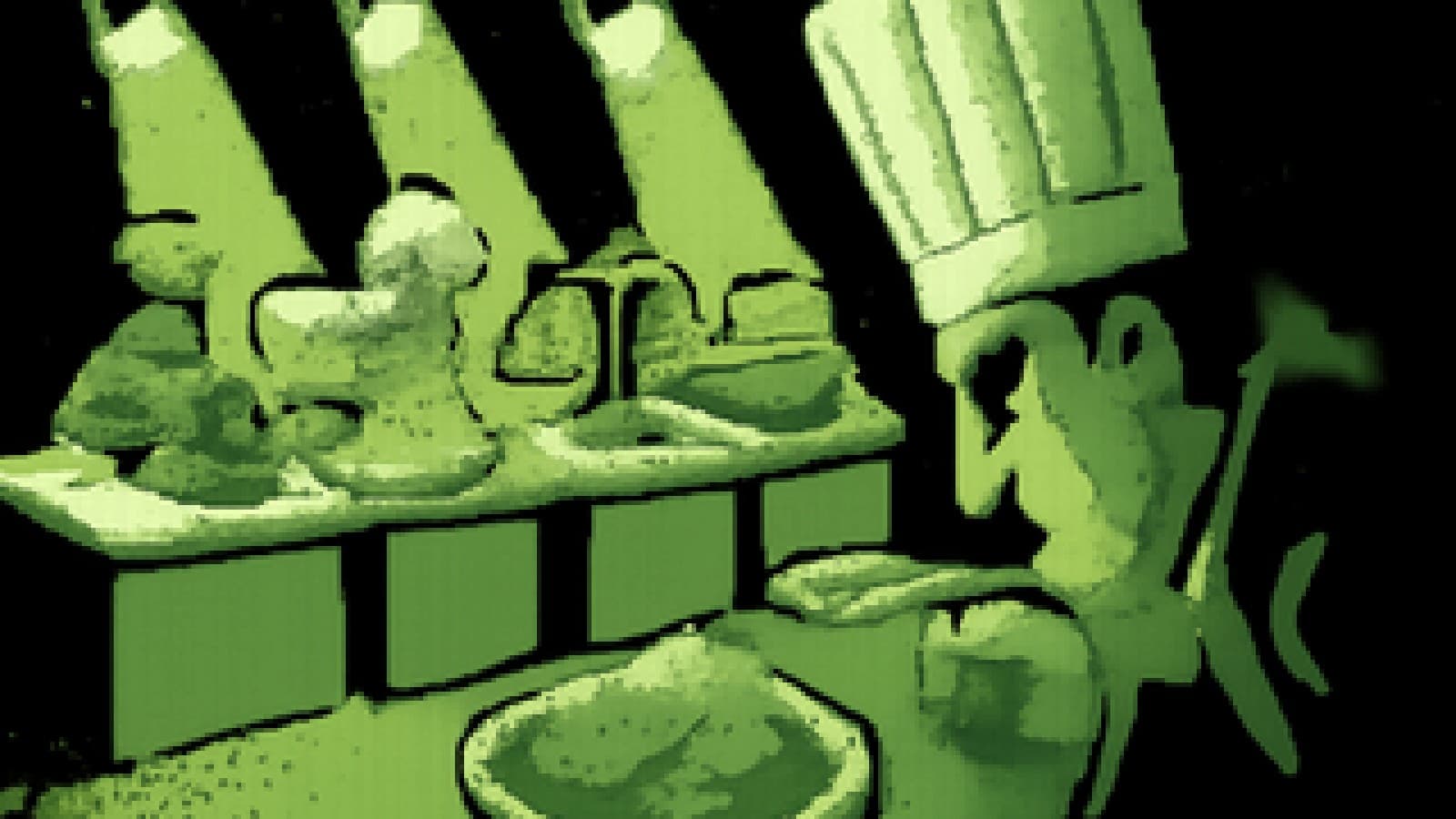 Pixel-art cooking show with five chef stations serving legal-themed dishes as a judge tastes them under spotlights