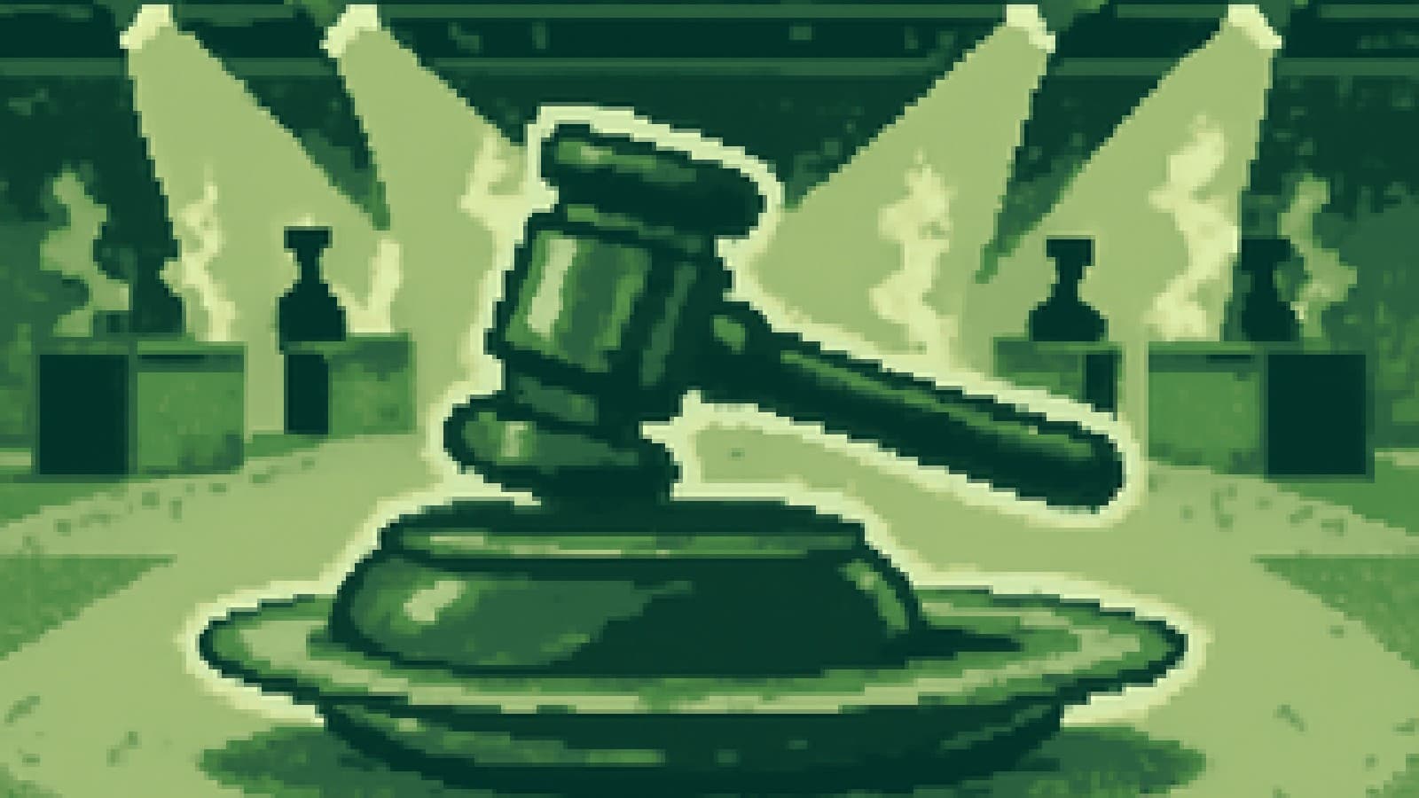 Pixel-art cooking show stage with a judge's gavel served on a silver platter while rival chef stations steam behind it