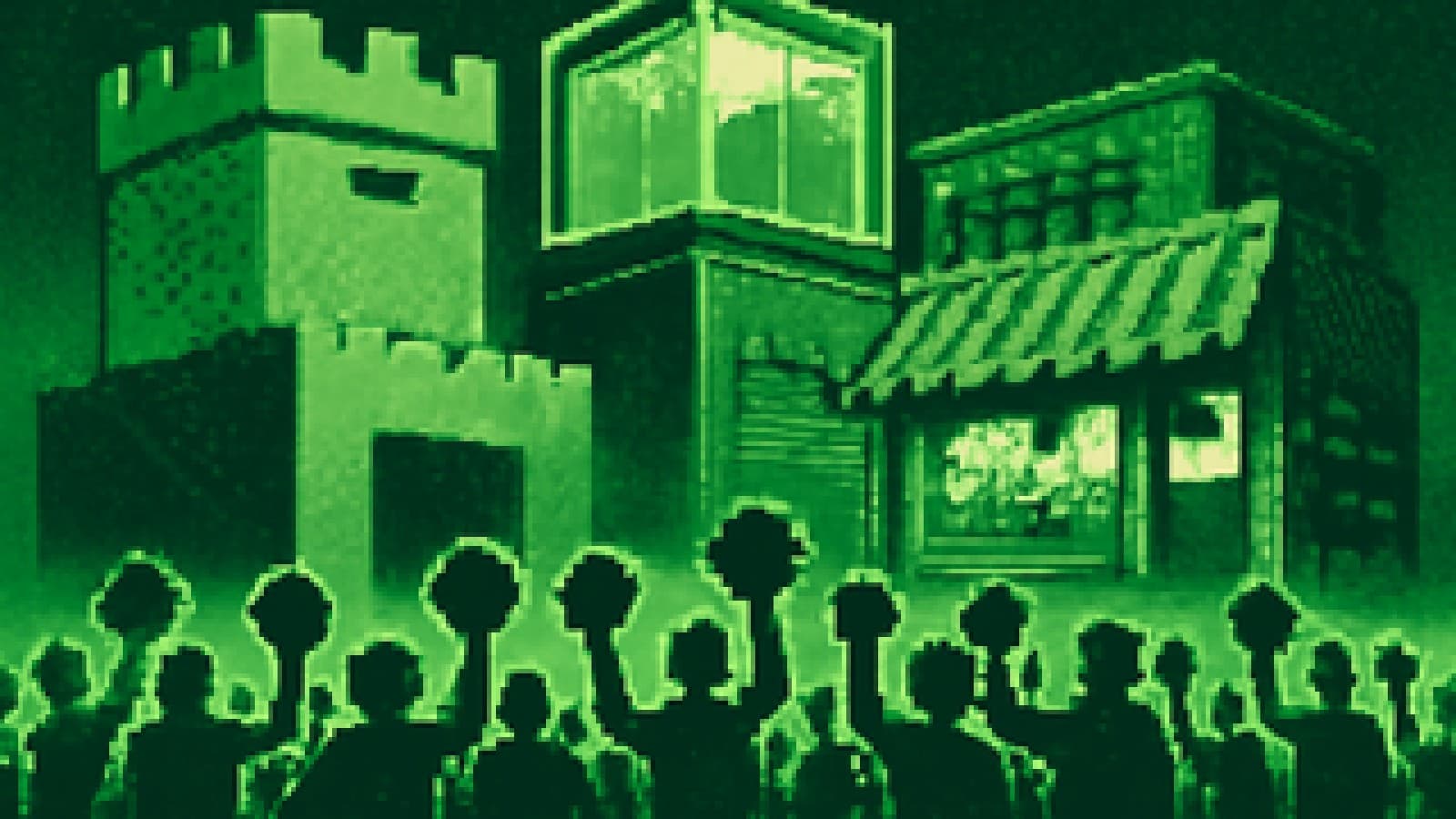 Pixel-art crowd of shoppers raising coins before four giant stylised store fronts
