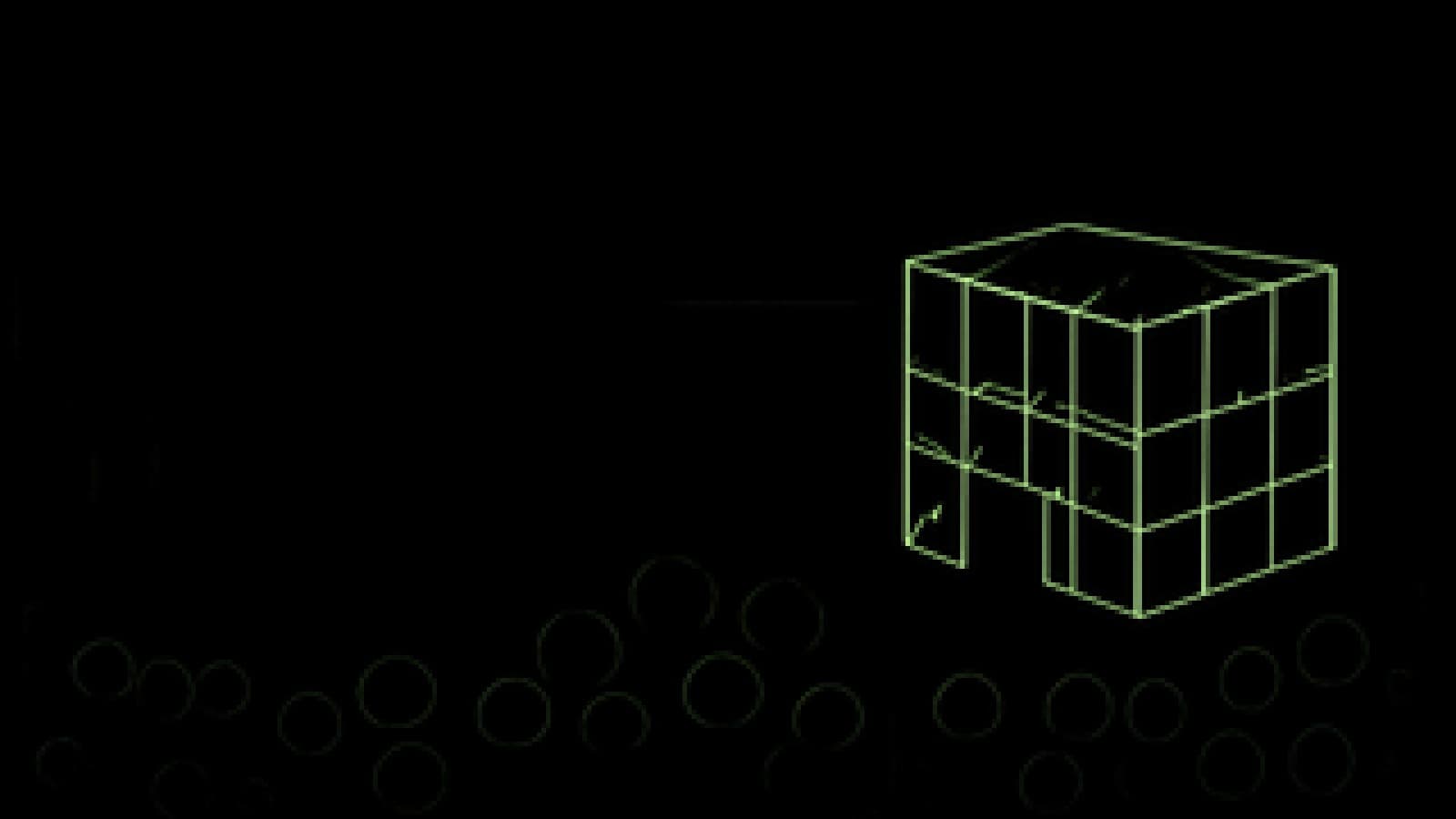 Pixel-art crowd of shoppers holding up coins before a box fortress and a glass cube store
