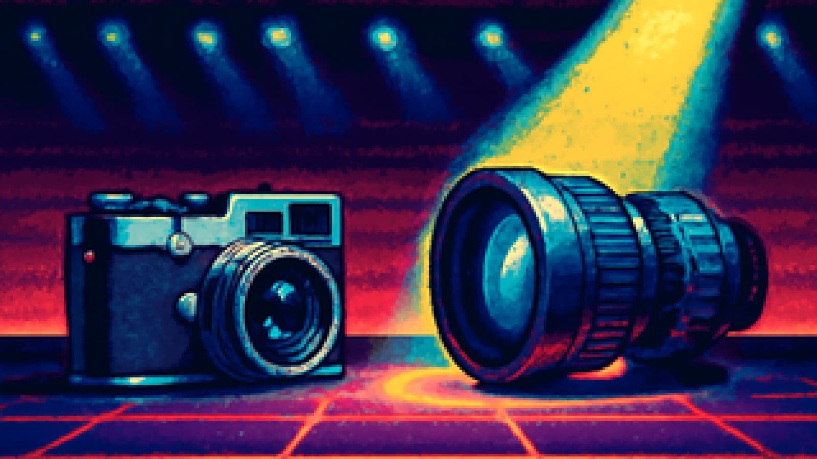 Pixel-art image of a rangefinder camera and a large cine lens facing off on a neon stage, with the spotlight on the lens