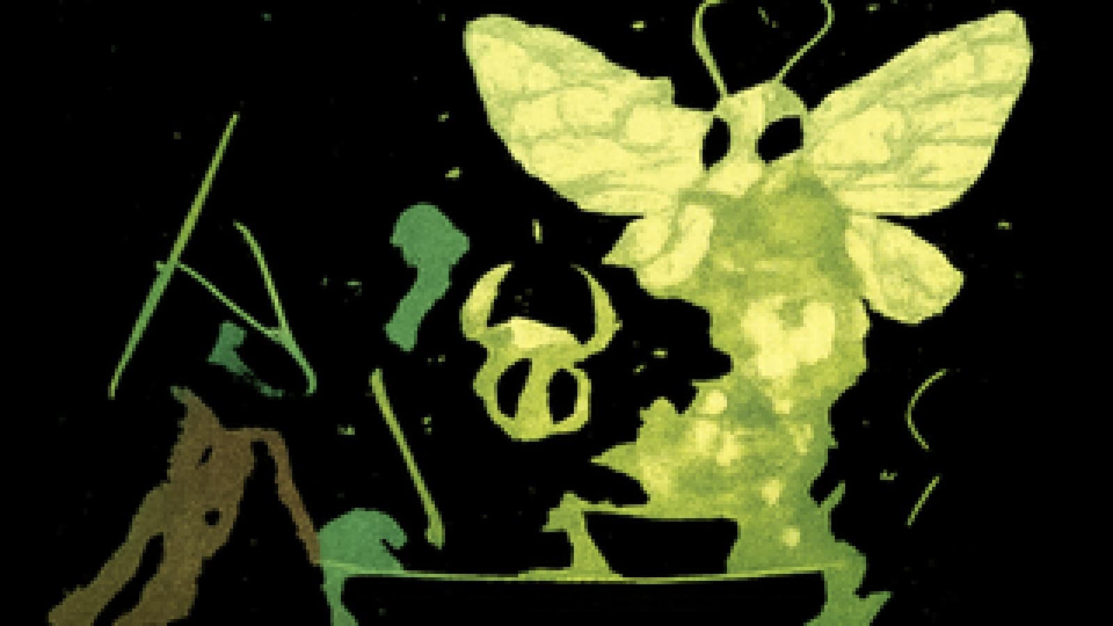 Pixel-art kitchen scene with a small masked knight between a red-cloaked warrior and a giant glowing moth.