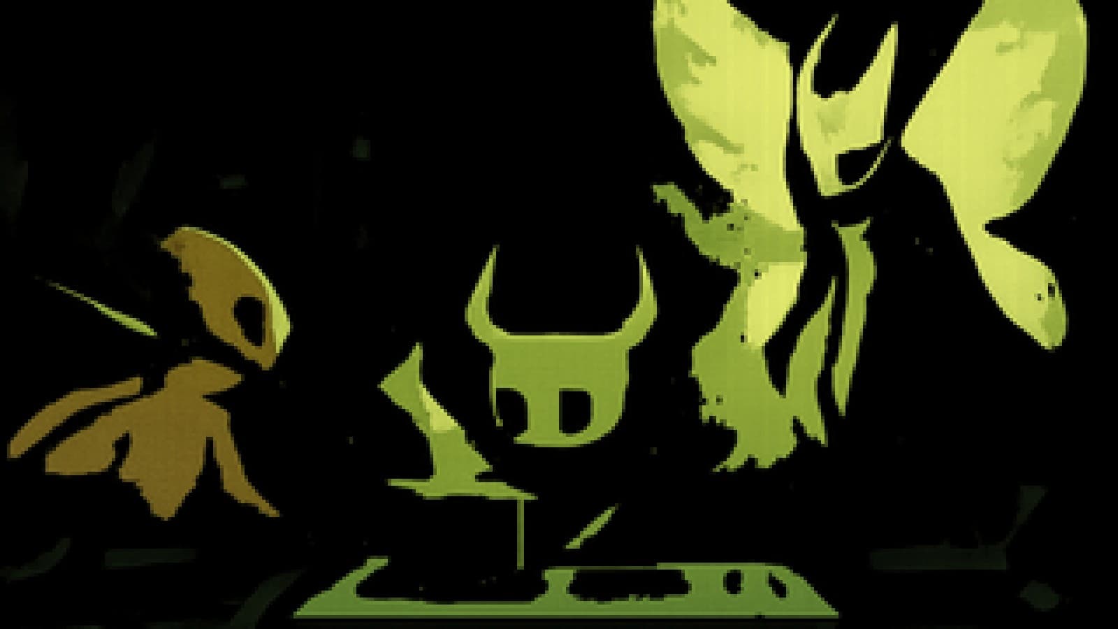 Pixel-art cooking showdown with a small masked knight between a red-cloaked warrior and a glowing giant moth.