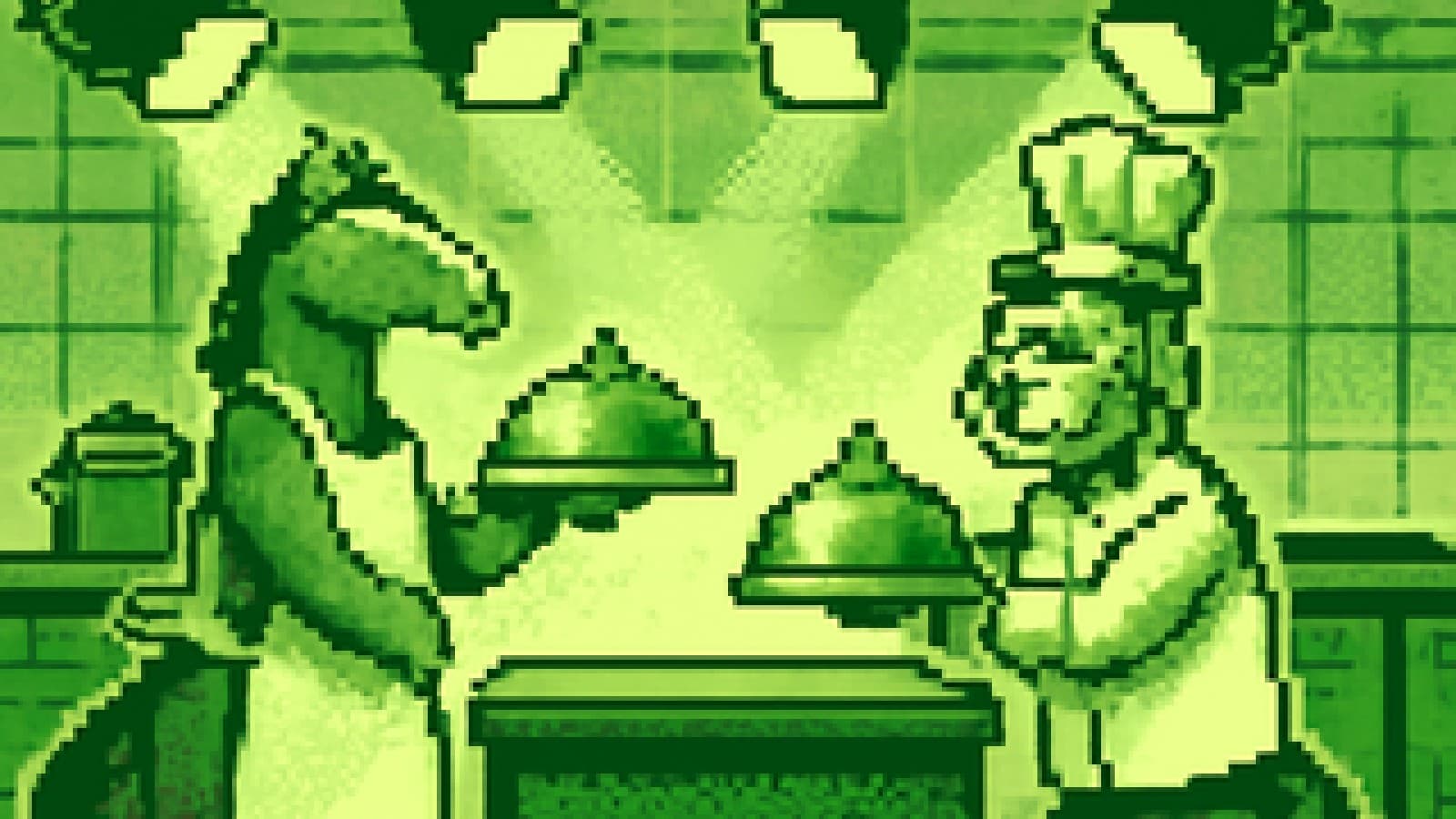 Pixel-art horse and tiger dressed as chefs, presenting covered dishes at rival cooking stations