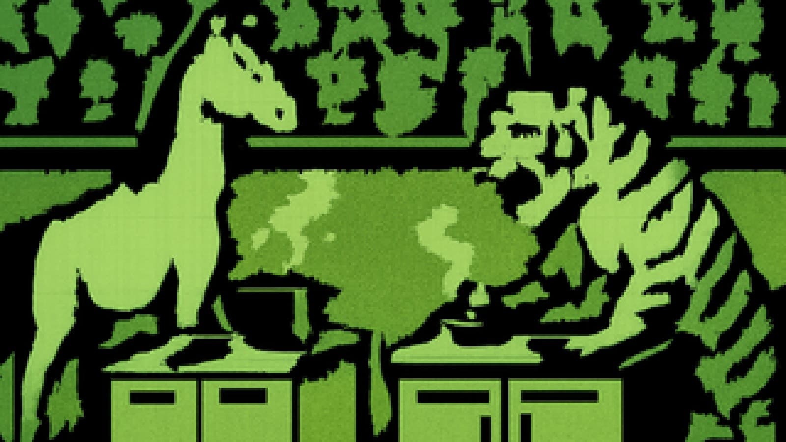 Pixel-art horse and tiger facing off at rival kitchen stations on a cooking-show set, with other animals watching from the stands