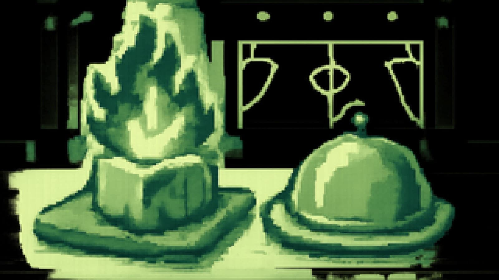 Pixel-art kitchen scene with a flame erupting from an ice block next to an untouched silver cloche