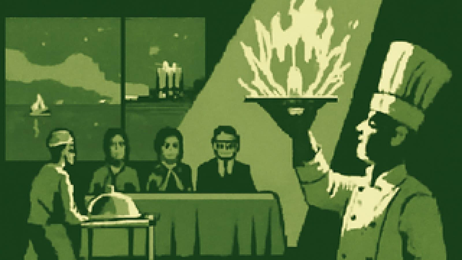 Pixel-art cooking finale where a fiery dish in ice wins the spotlight while an elegant domed dish is sent back to the kitchen