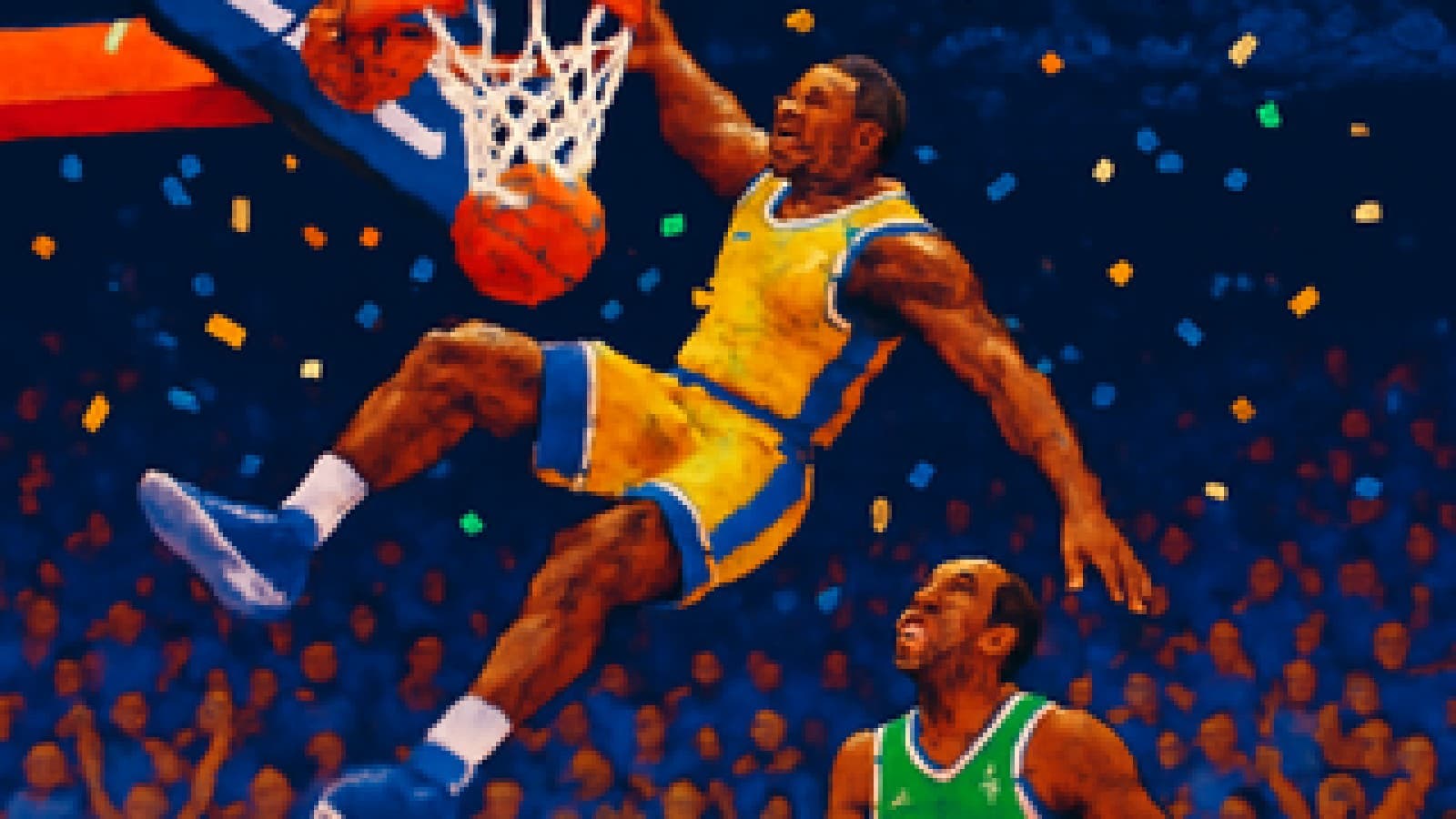Pixel-art basketball player in gold and blue dunking over a defender in green in front of a cheering crowd