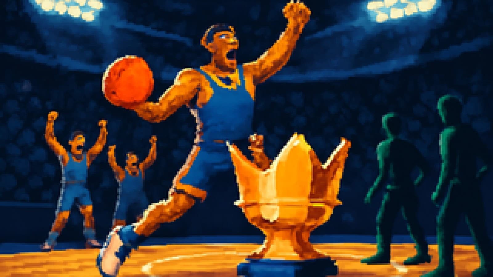 Pixel-art basketball court with a golden crown at center court, gold-and-blue players celebrating and green-clad players watching
