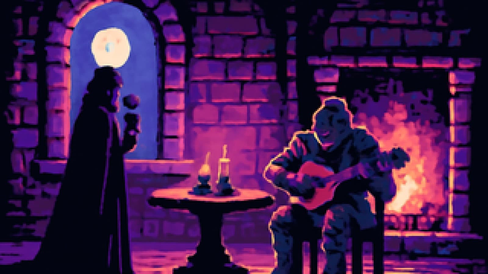 Pixel-art castle hall at night, a cloaked knight holding a rose by a round table while another knight plays a lute by the fire.