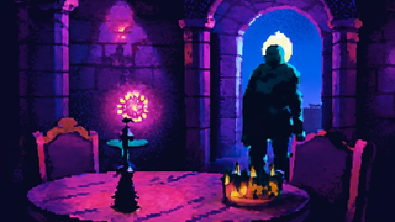 Pixel-art candlelit round table with a crown and rose on one seat while a green-cloaked knight watches from the moonlit doorway.