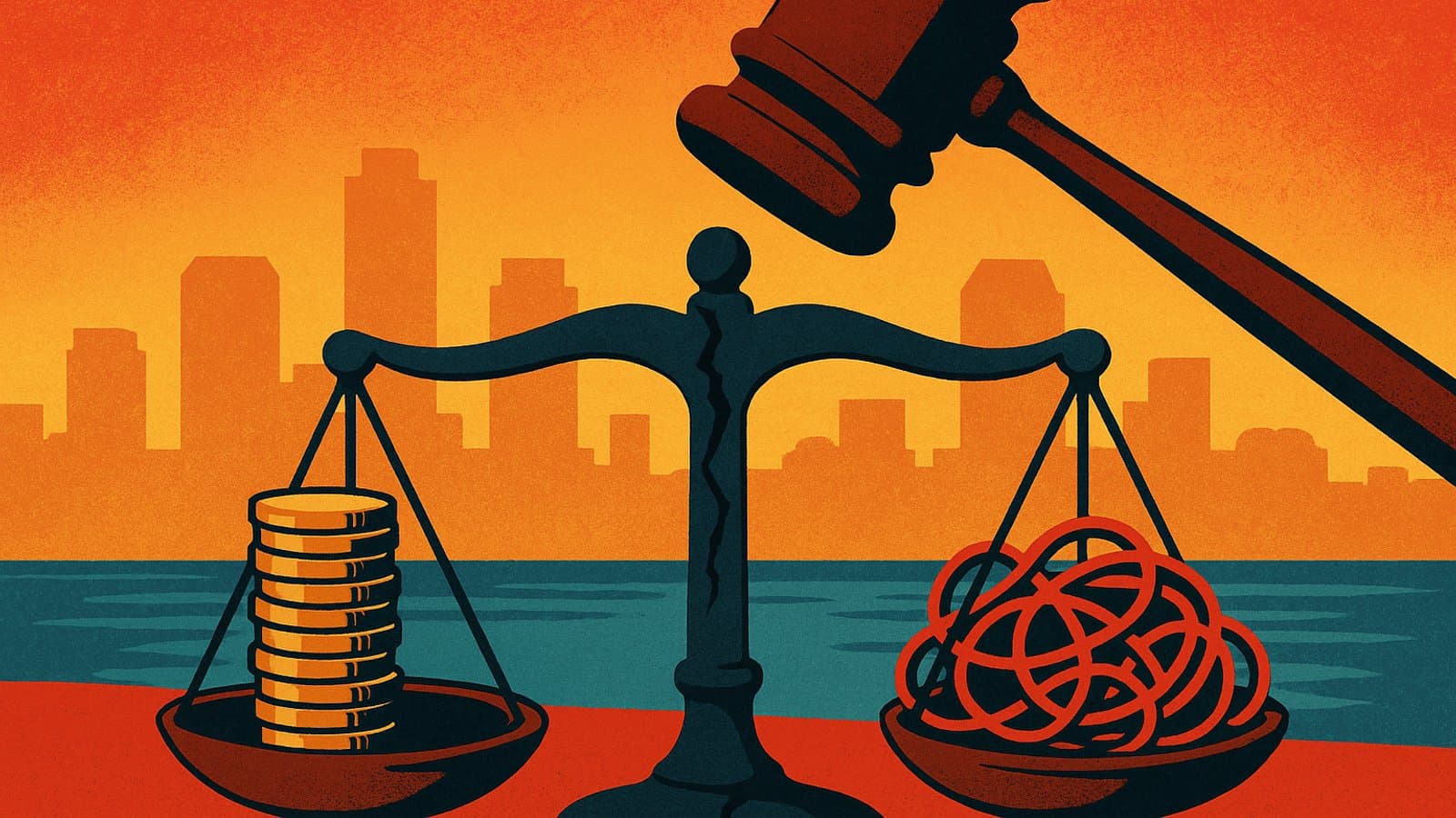 Illustration of a gavel over an uneven scale holding coins and red strings, with a city skyline behind it