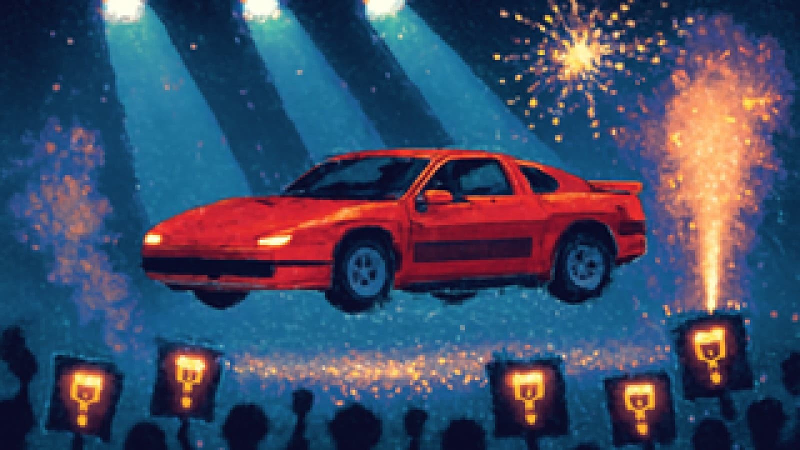 Pixel-art red sports car hovering just above a stage under spotlights and fireworks while a crowd looks up.