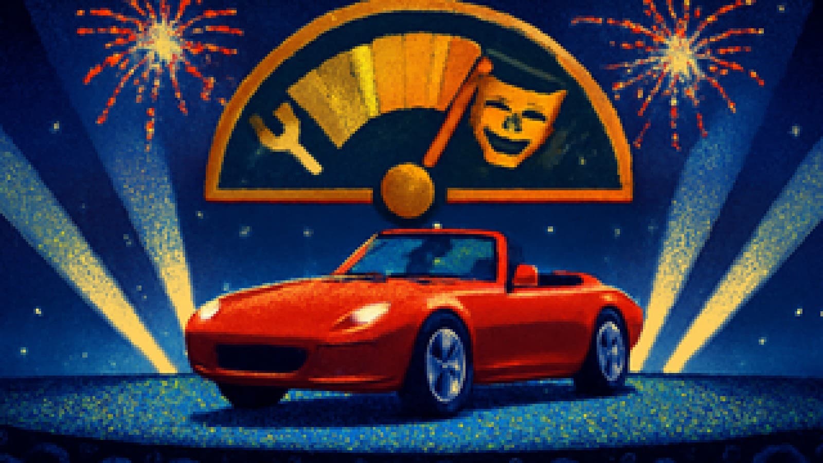 Pixel-art red sports car hovering over a spotlit stage with fireworks, next to a meter leaning toward showmanship.