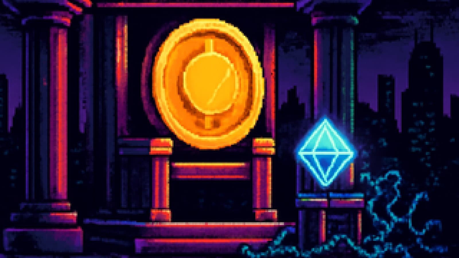 A pixel-art gold coin on a throne beside a smaller blue crystal on a lesser seat in a marble hall.