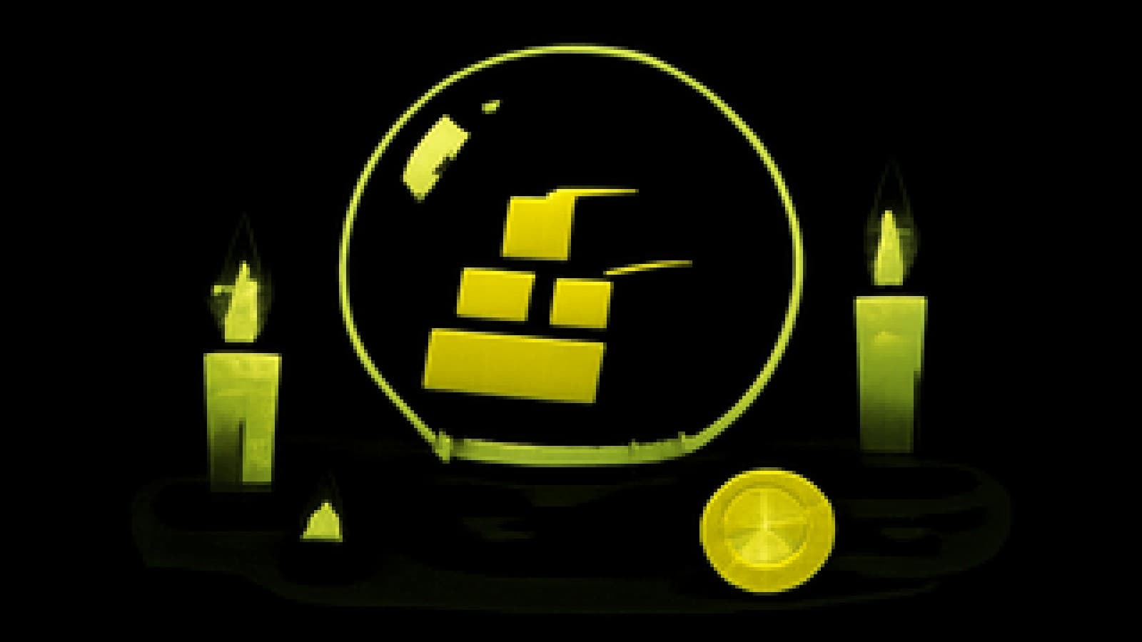 Pixel-art crystal ball glowing gold with gold bars inside, a dimmer digital coin resting beside it on a velvet table.