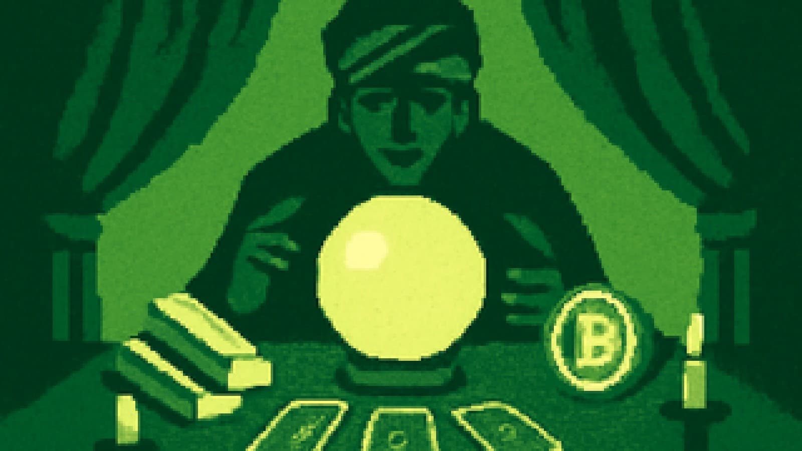 Pixel-art crystal ball on a fortune teller's table, with gold bars glowing brightly beside a fading digital coin.