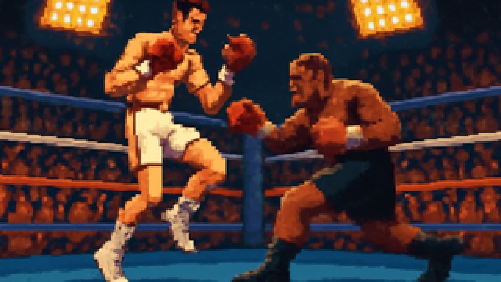 Pixel-art scene of two heavyweight boxers in a ring, one dancing on his toes and one charging forward, with a cheering crowd.