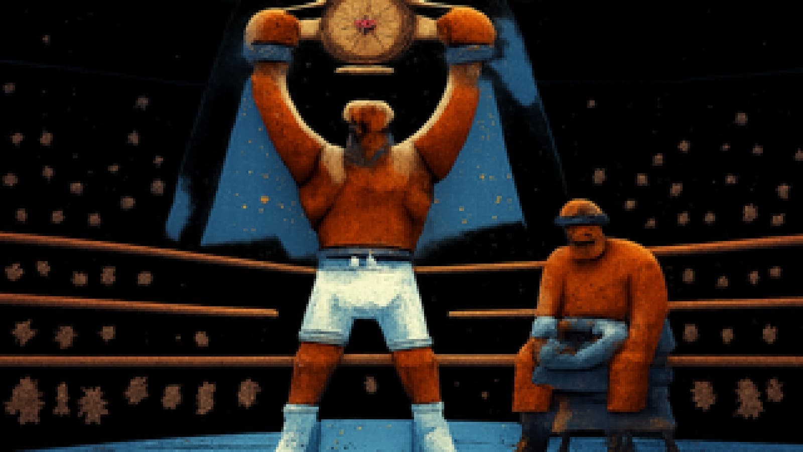 Pixel-art boxer raising a championship belt under a spotlight while his rival sits in the corner of the ring.