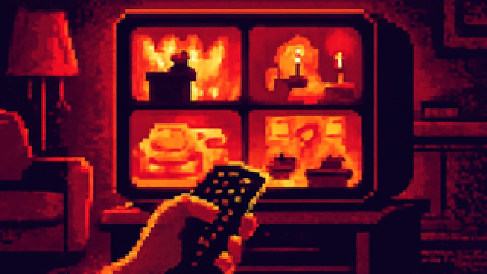 Pixel-art TV in a dark living room cycling through different show formats while a hand holds a remote.