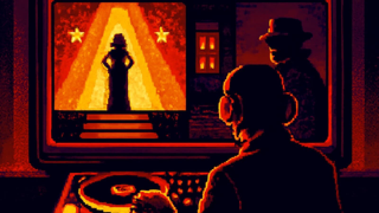 Pixel-art giant TV split between a flashy competition stage and a moody drama set, with a turntable in front.
