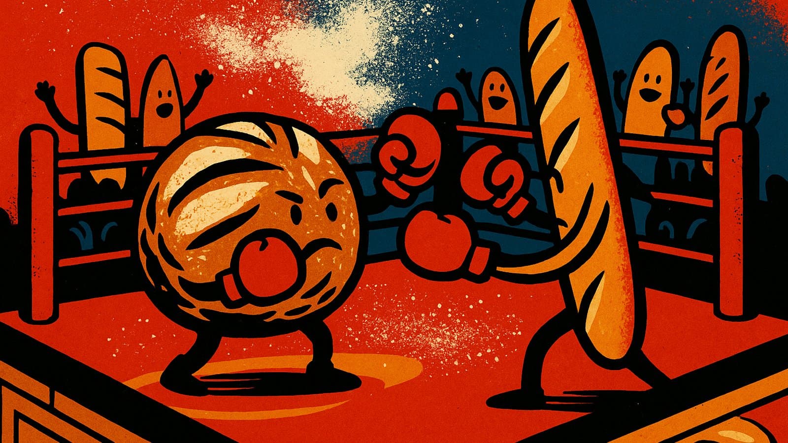 A sourdough loaf and a baguette squaring off in a tiny boxing ring on a bakery counter, with other breads watching.