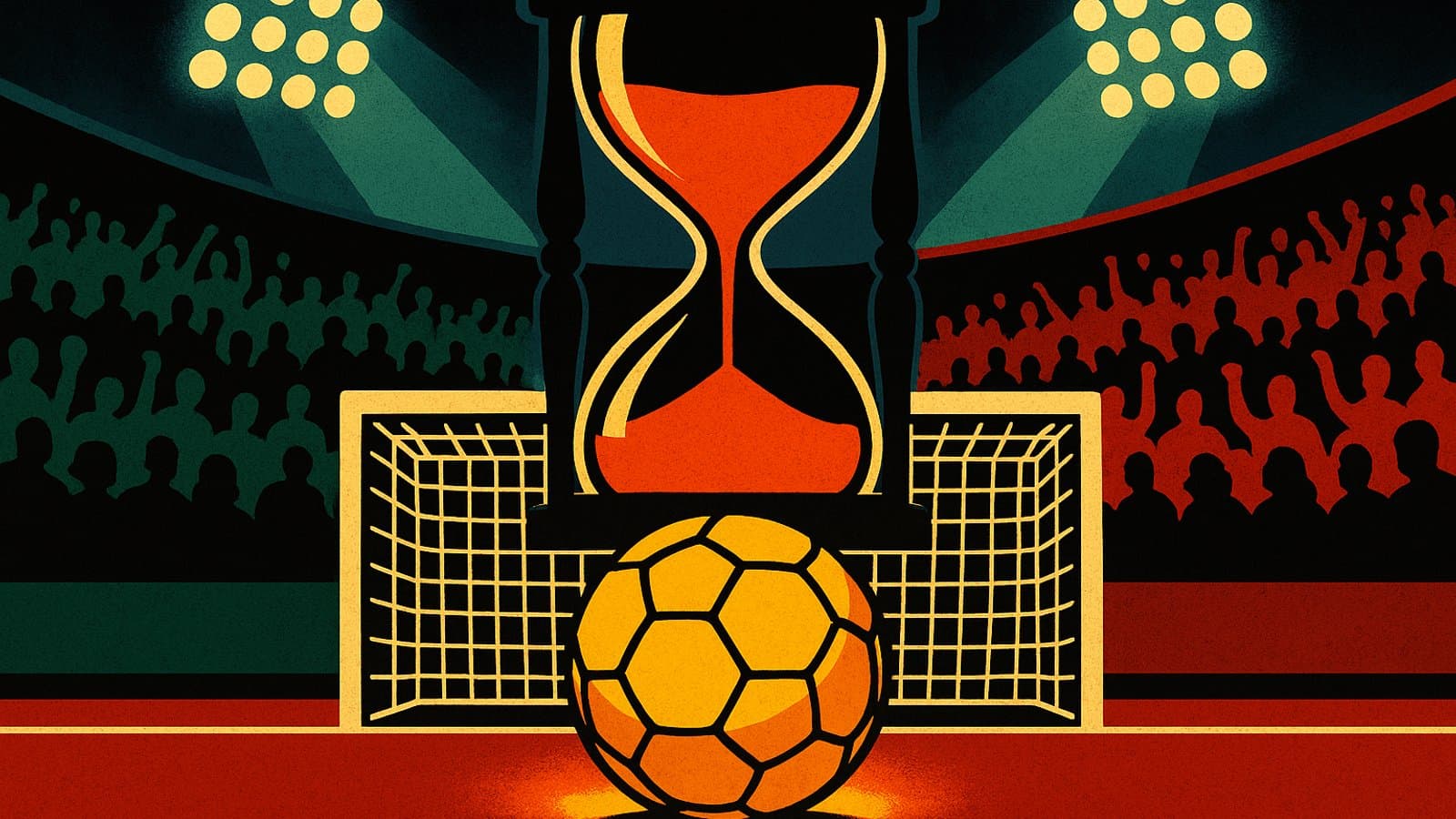 A golden football on a goal line under floodlights, a huge hourglass behind the net and two rival crowds facing each other