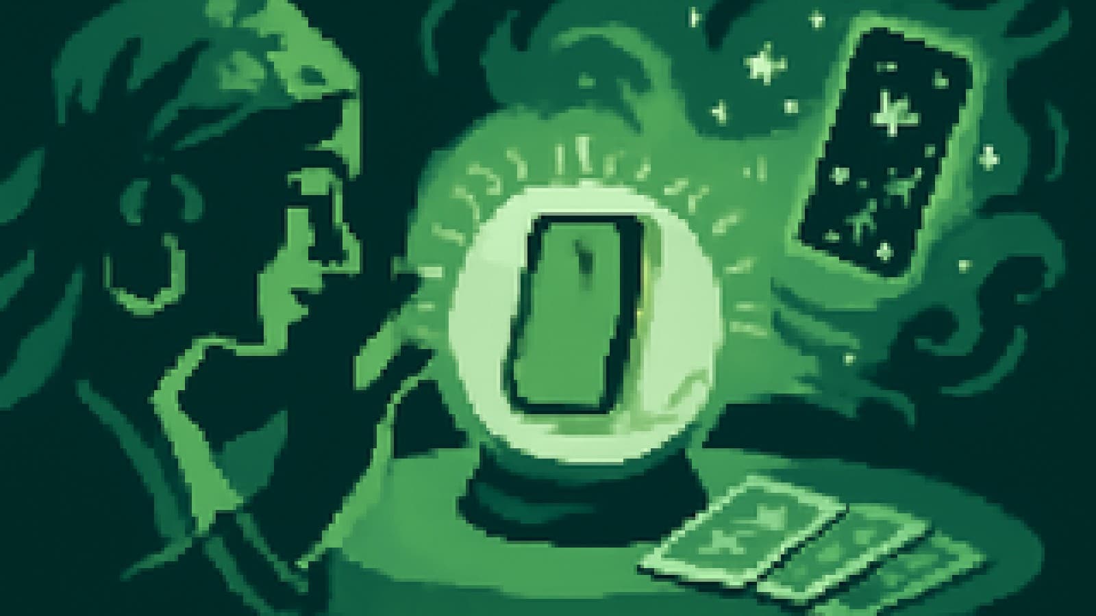 Pixel-art crystal ball showing a crowned phone glowing, while a galaxy-patterned phone fades into mist beside scattered tarot cards.