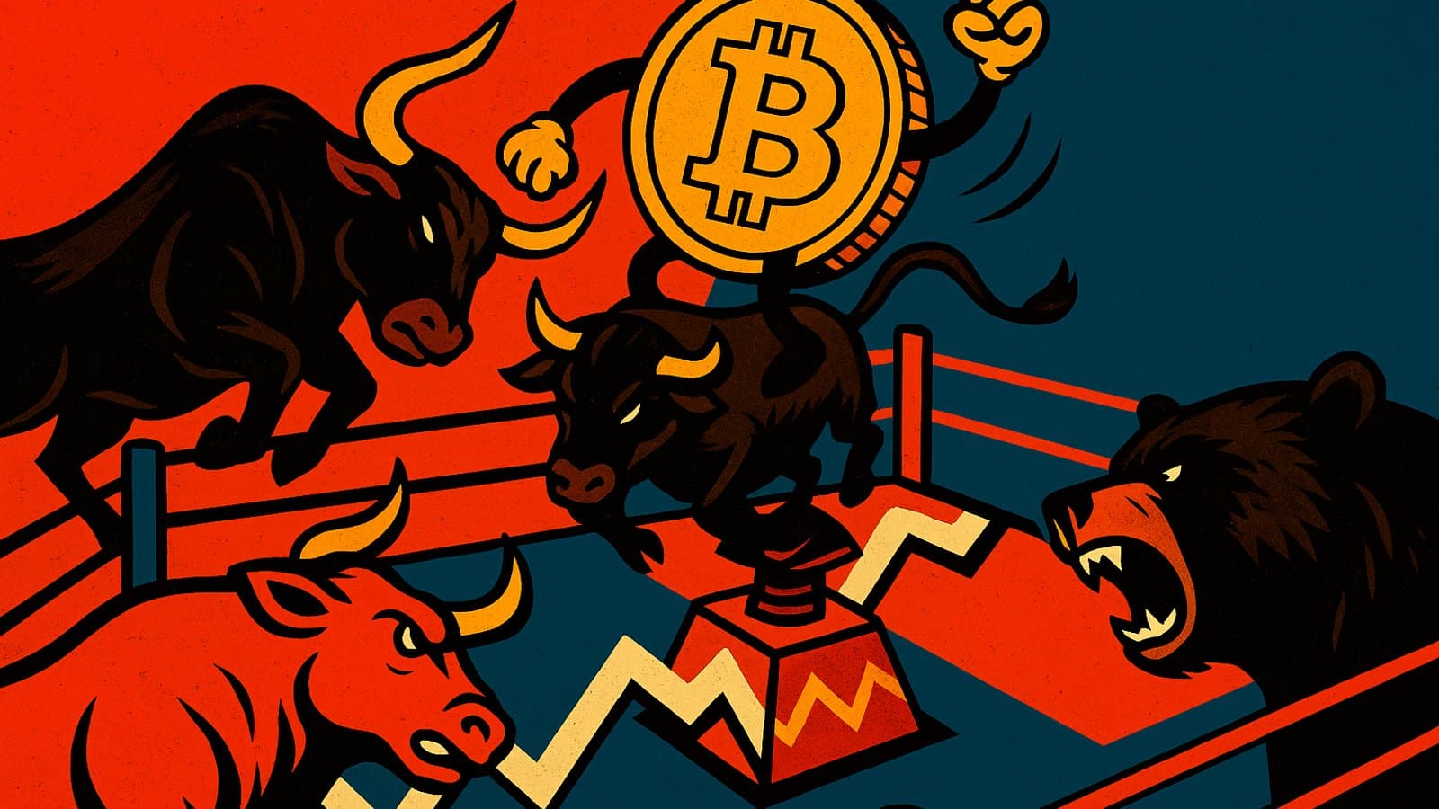Illustration of a Bitcoin coin on a bucking mechanical bull in a boxing ring, with a bull and a bear watching from opposite corners