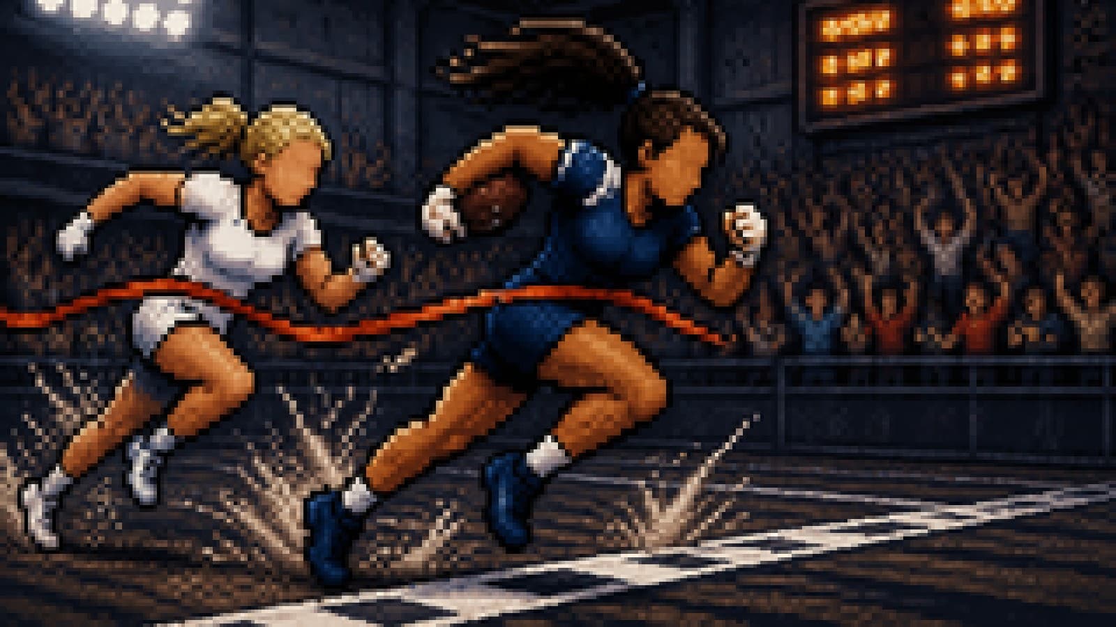 Illustration of one female footballer overtaking another at a finish line in a dramatic stadium