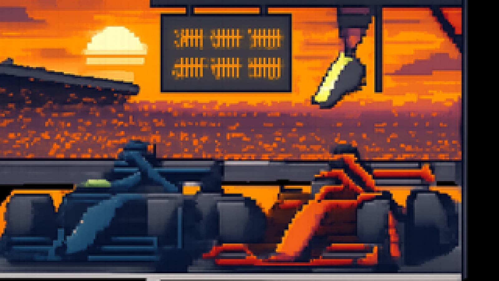 Pixel-art blue and red racing cars side by side on a starting grid under a floating chalkboard of tally marks.