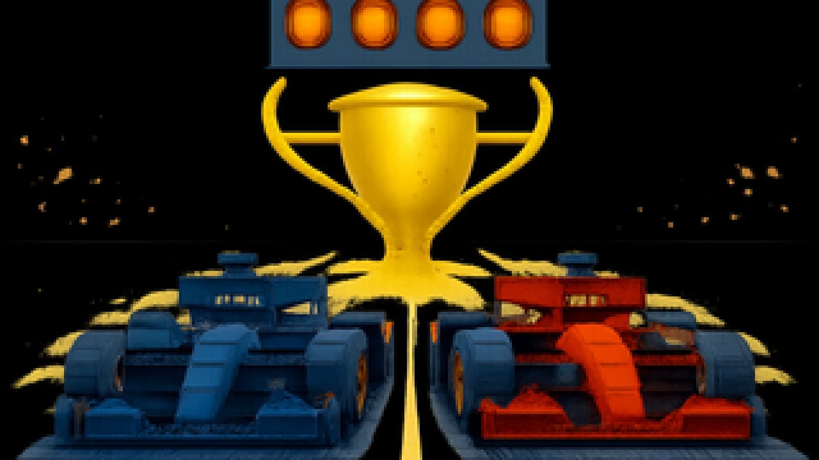 Pixel-art blue and red racing cars launching off the grid toward a glowing golden trophy.