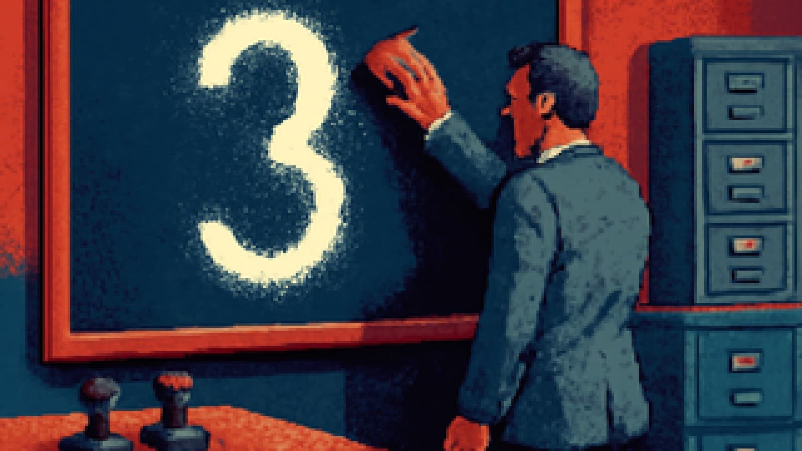 Pixel-art clerk erasing a large three from a chalkboard while a glowing two stays in place.
