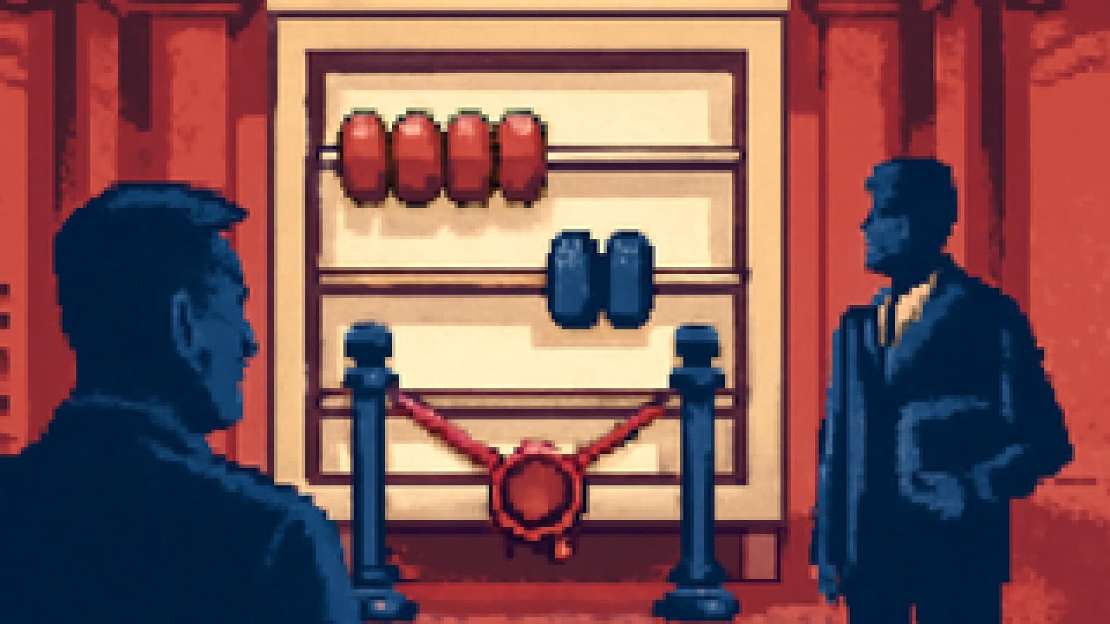 Pixel-art ministry hall with a giant abacus showing two beads counted and a third bead roped off behind an official seal.
