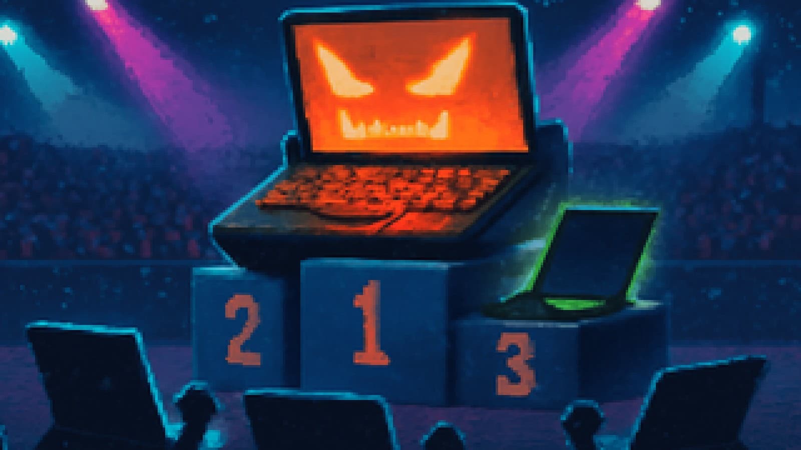 Pixel-art podium with a glowing beast-like gaming laptop in first place and a sleek black laptop in second, other laptops watching.