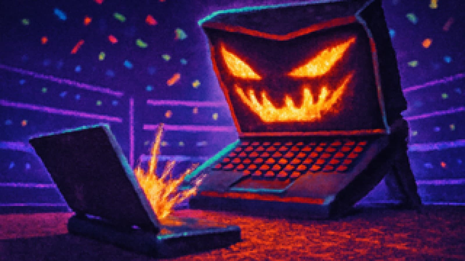 Pixel-art arena where a predator-styled gaming laptop stands victorious over a sleek black rival laptop under neon lights.