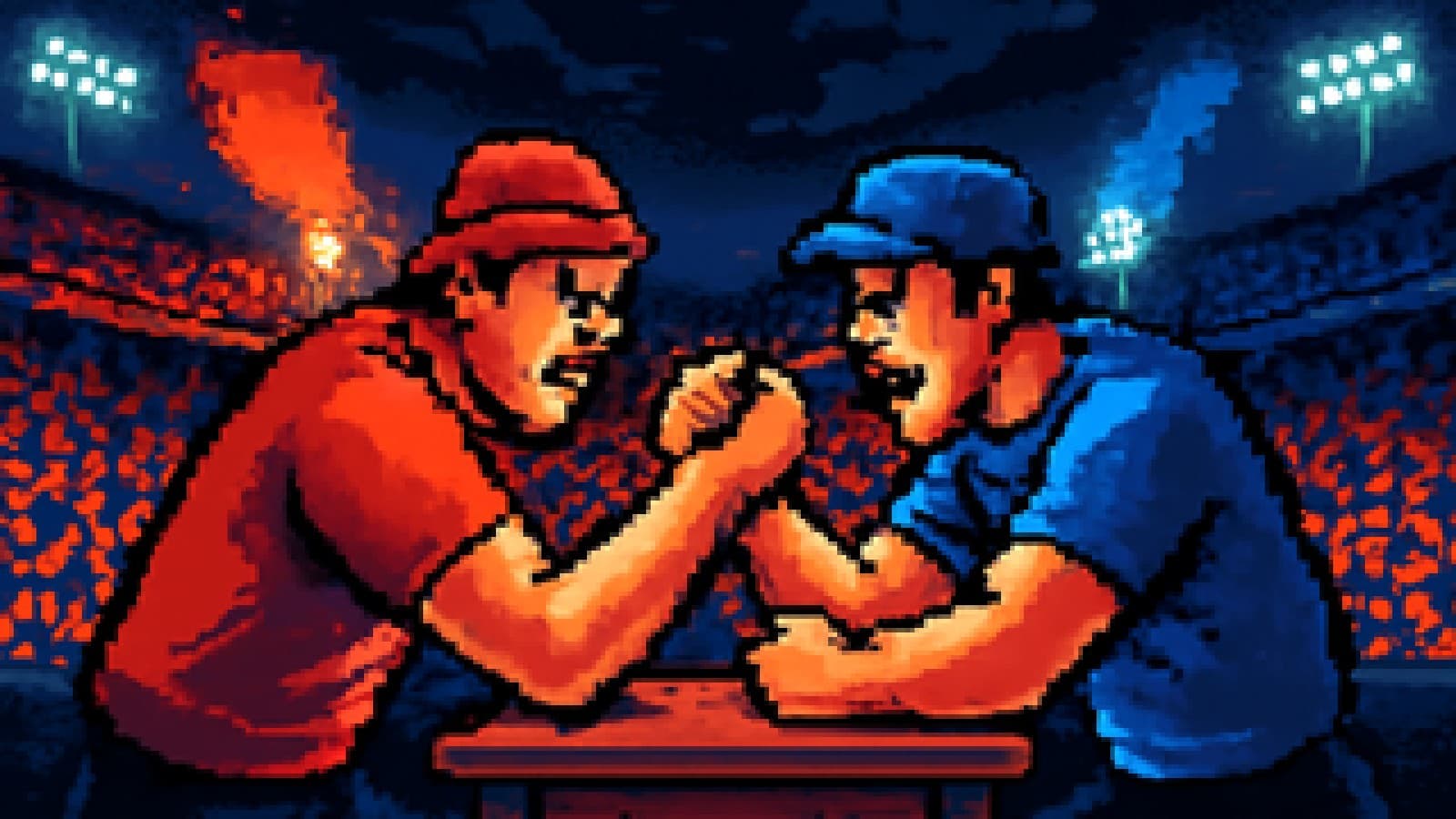 Pixel art of a red-clad fan and a blue-clad fan arm-wrestling on a table inside a packed stadium lit by red and blue flares.