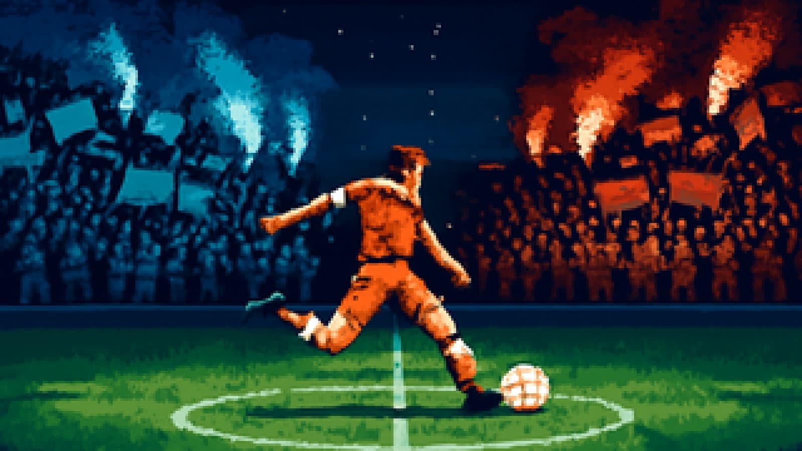 Pixel art of a night-time stadium split into a blue half and a red half, with a glowing football sitting on the center spot.