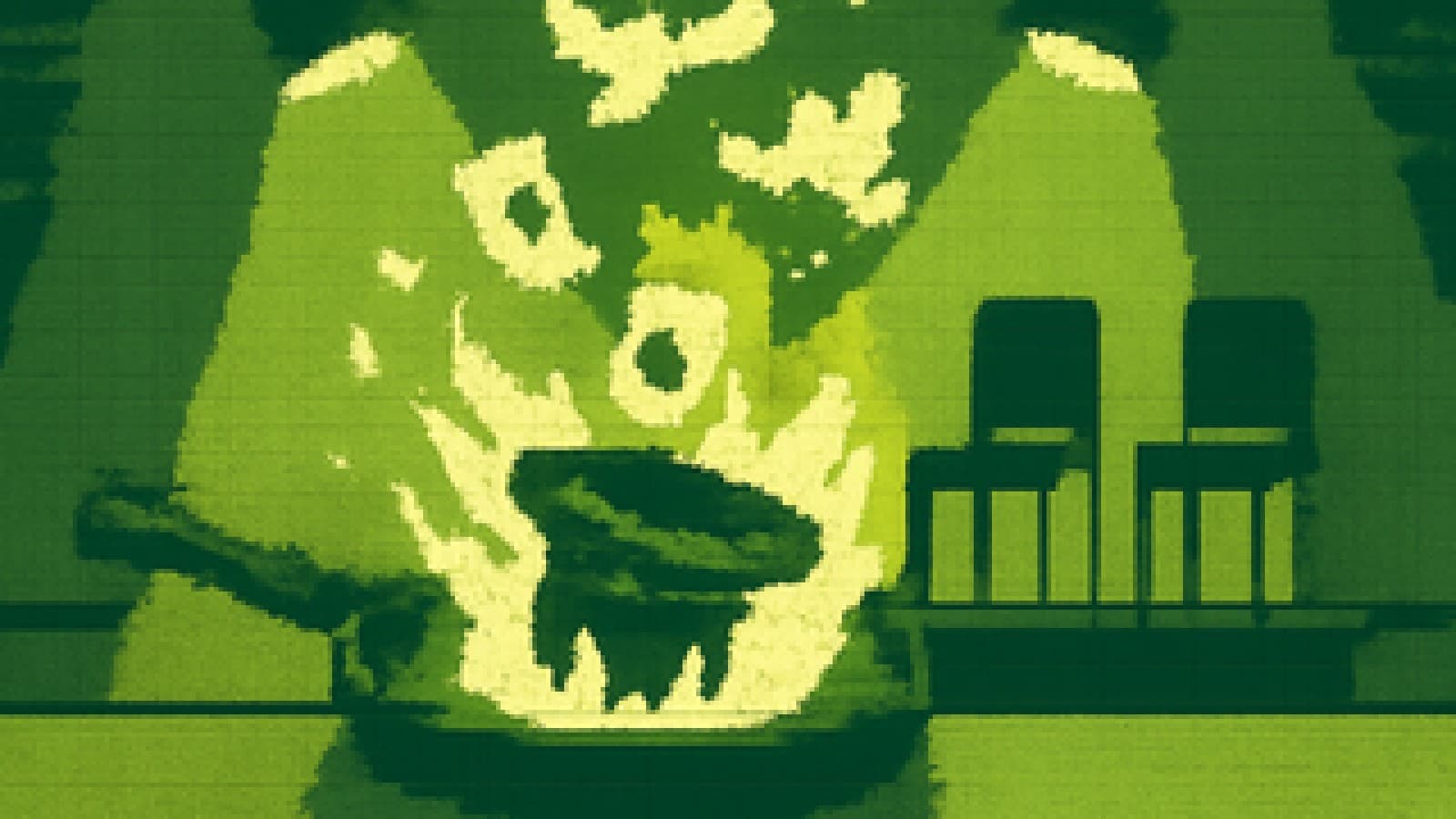Pixel-art cooking show stage with a flaming top hat in a pan, playing cards and doves flying out