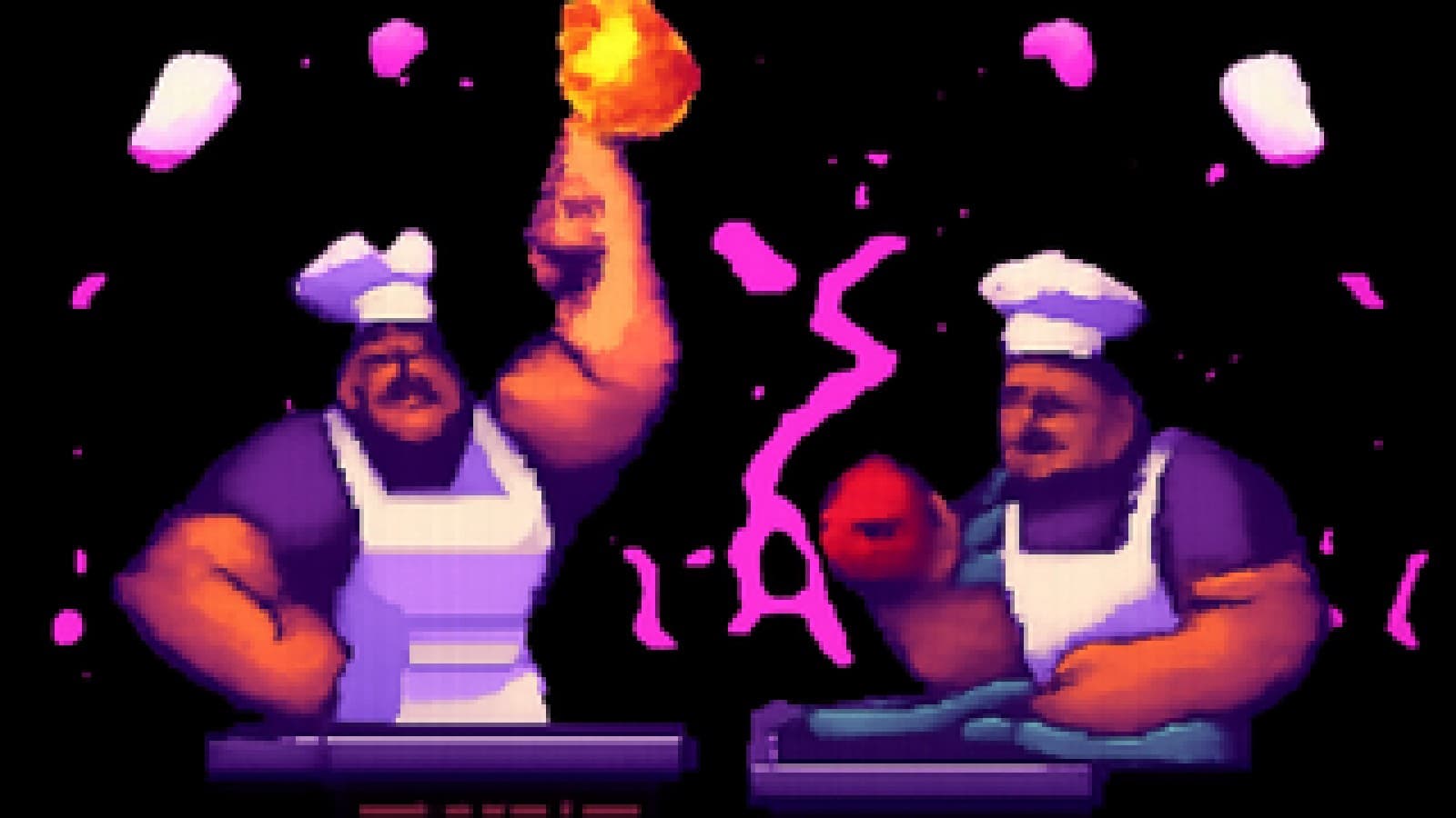 Pixel-art illustration of two muscular chefs at rival grill stations, one raising a golden ladle in victory while the other holds a boxing glove next to a smoking pan.